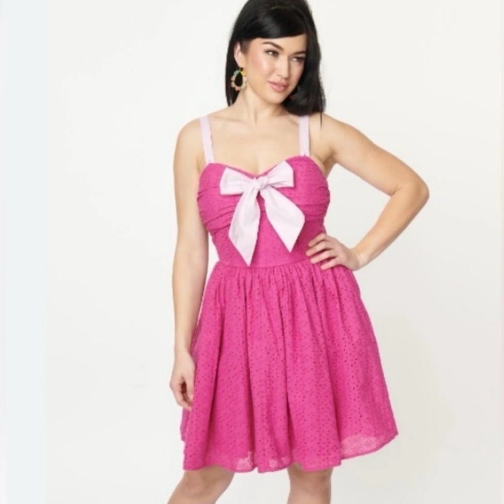 Unique Vintage Adjustable Strap Pink Eyelet Summer Swing Dress-Size XS-NWT
